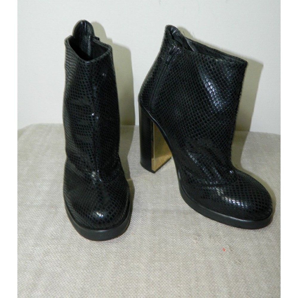 Topshop Booties Black Croc Block Heel Leather Gold Trim Ankle Boots Size 7